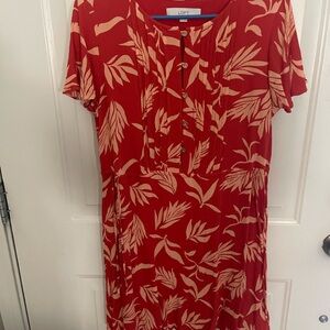LOFT Vibrant Red Dress with Cream Leaf Pattern